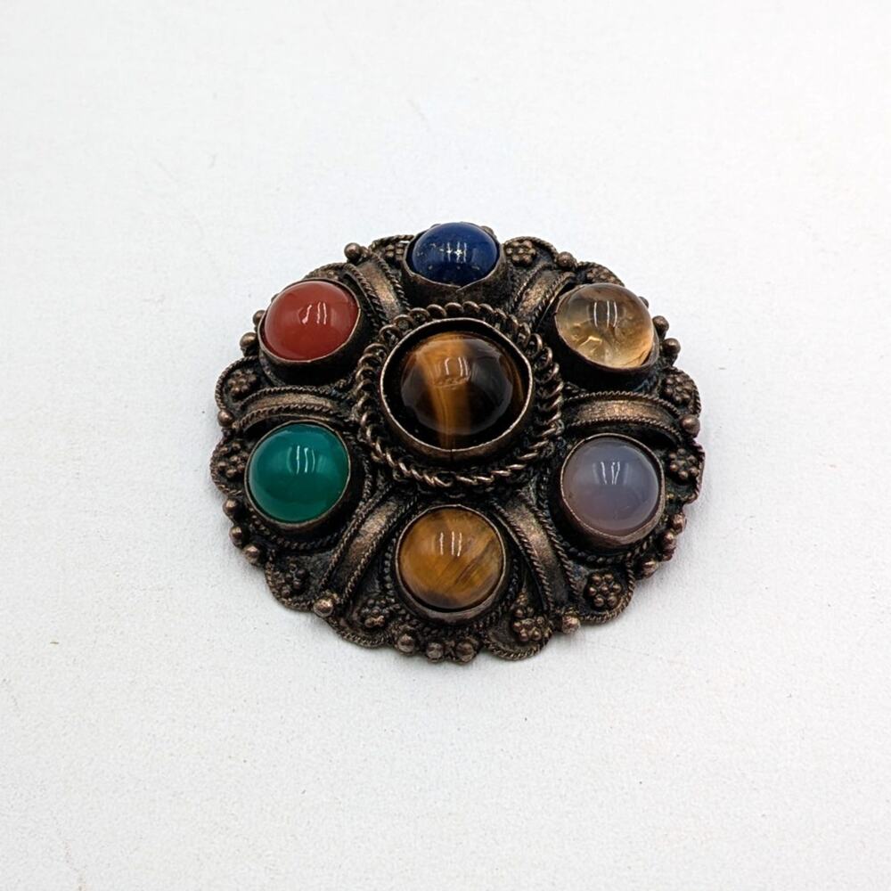 Sterling Israel Multi Color Stone Cabochon Brooch Necklace Pendant